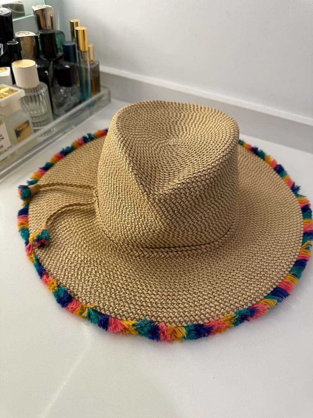 Eric Javits Straw Fedora Hat with Multicolor Pom Pom Trim - Picture 1 of 6